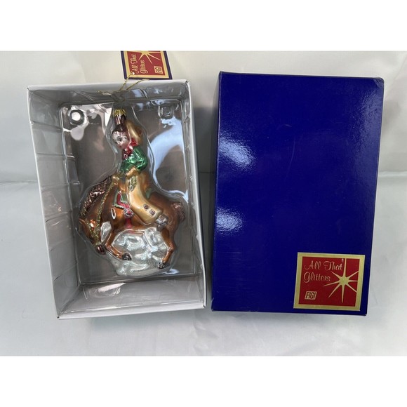 Vtg FIGI ALL THAT GLITTERS‎ Blown GLASS Hand painted X’mas ORNAMENT 6” Men Horse - Picture 1 of 4